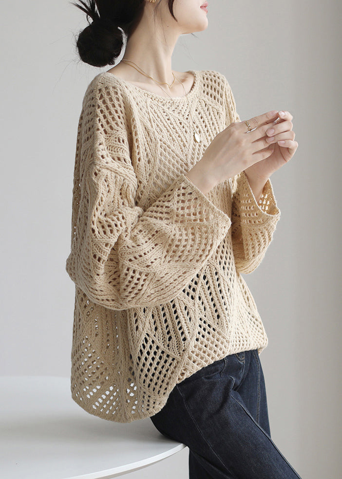 Simple Apricot O Neck Hollow Out Knit Sweater Spring