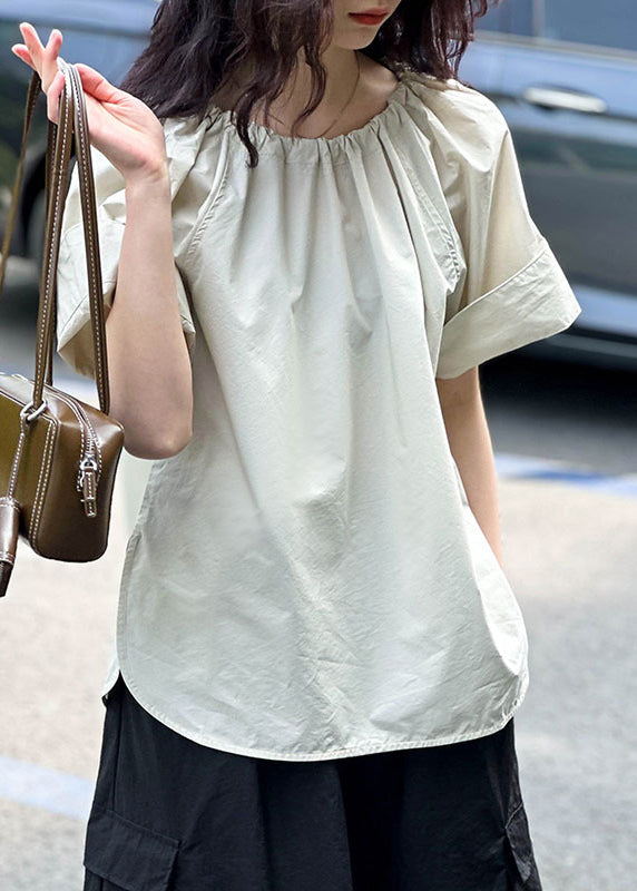 Simple Apricot O Neck Side Open Cotton T Shirt Summer