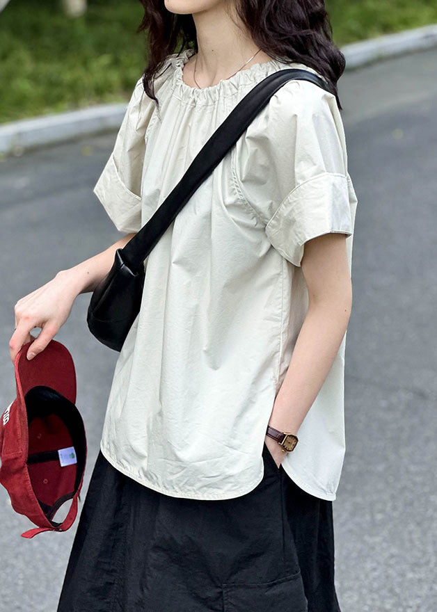 Simple Apricot O Neck Side Open Cotton T Shirt Summer