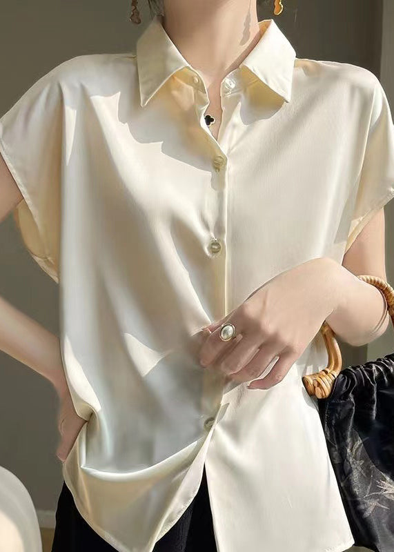 Simple Apricot Peter Pan Collar Button Silk Shirt Summer