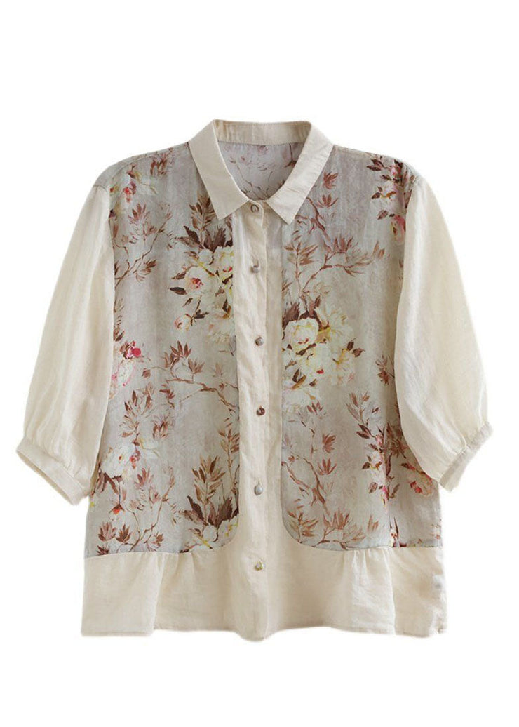 Simple Apricot Peter Pan Collar Print Linen Blouse Top Summer