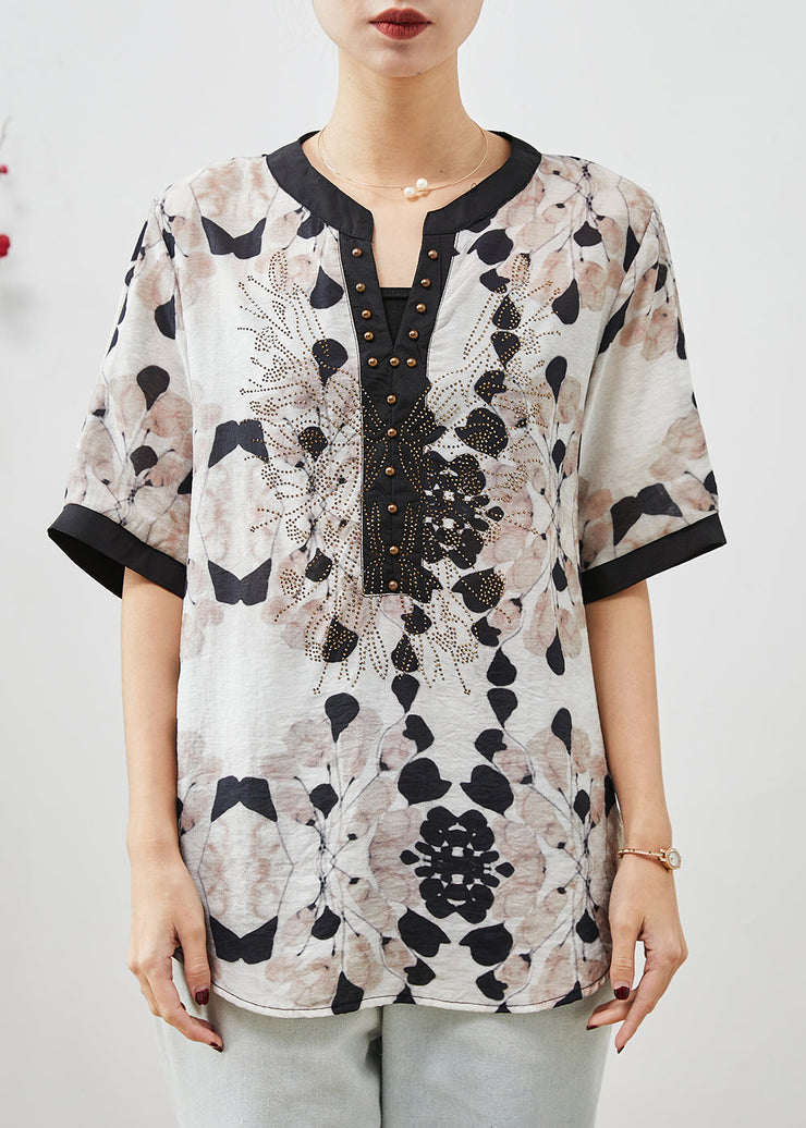 Simple Apricot Print Rivet Cotton Shirt Top Summer