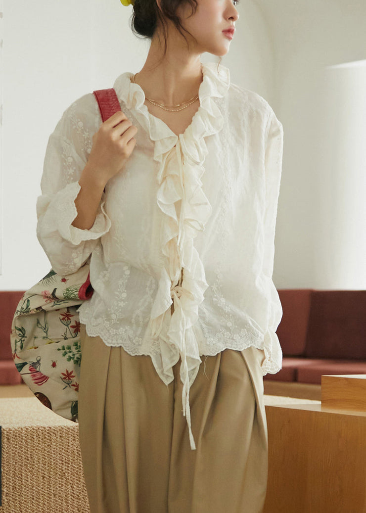 Simple Apricot Ruffled Lace Patchwork Embroidered Tie Waist Shirts Long Sleeve