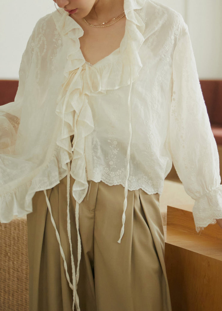 Simple Apricot Ruffled Lace Patchwork Embroidered Tie Waist Shirts Long Sleeve