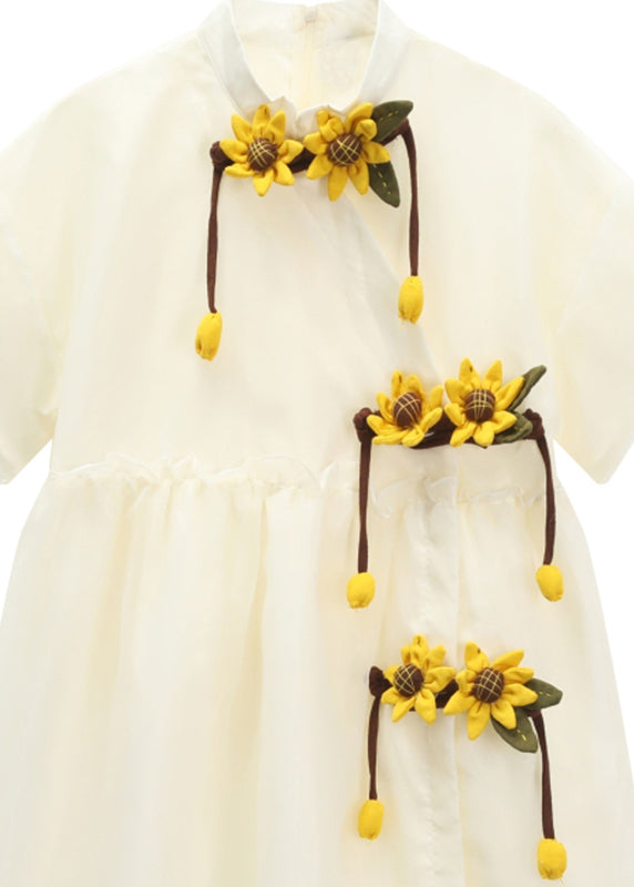 Simple Apricot Stand Collar Daisy Embroideried Floral Wrinkled Organza Patchwork Cotton Dresses Short Sleeve