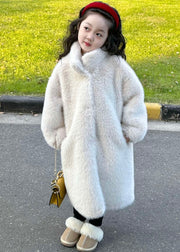 Simple Apricot Stand Collar Girls Mink Velvet Long Coats Winter