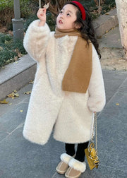 Simple Apricot Stand Collar Girls Mink Velvet Long Coats Spring