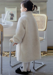 Simple Apricot Stand Collar Girls Mink Velvet Long Coats Spring