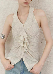 Simple Apricot V Neck Ruffled Print Wrinkled Vest Summer