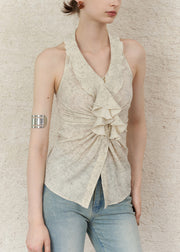 Simple Apricot V Neck Ruffled Print Wrinkled Vest Summer