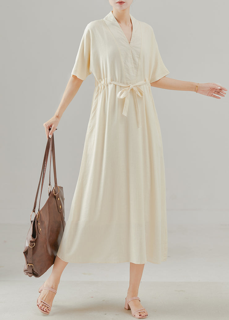 Simple Apricot V Neck Tie Waist Cotton Dress Summer