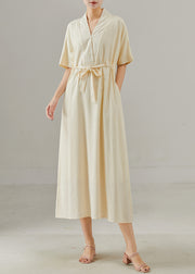 Simple Apricot V Neck Tie Waist Cotton Dress Summer