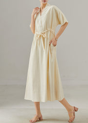 Simple Apricot V Neck Tie Waist Cotton Dress Summer