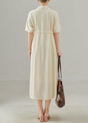 Simple Apricot V Neck Tie Waist Cotton Dress Summer