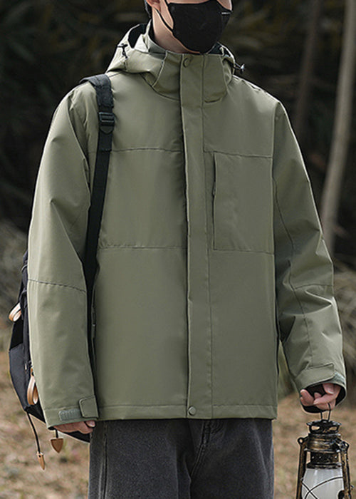 Simple Army Green Hooded Solid Oversized Cotton Mens Coats Spring