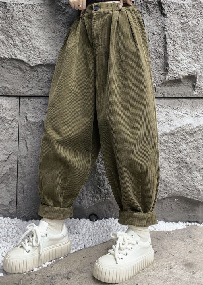 Simple Army Green Pockets High Waist Corduroy Crop Pants