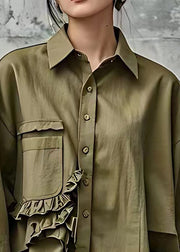 Simple Army Green Ruffled Patchwork Button Tops Fall