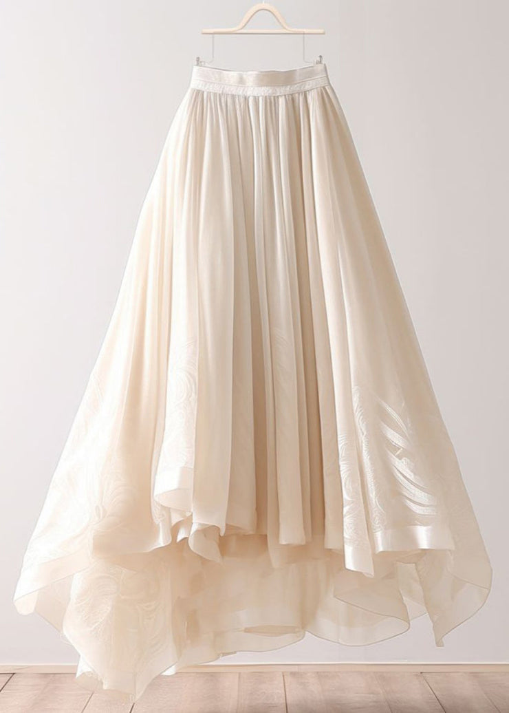 Simple Beige Asymmetrical Wrinkled Elastic Waist Chiffon Skirt Summer