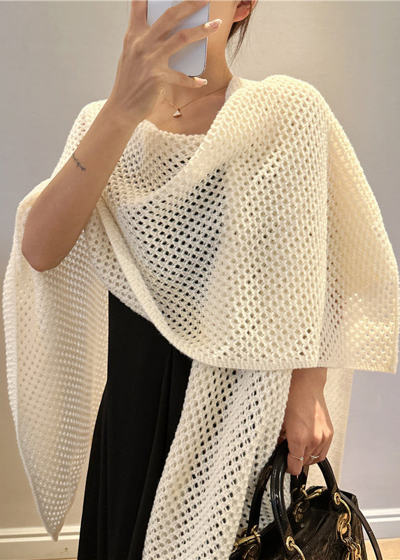 Simple Beige Hollow Out Sold Knit Cape Winter