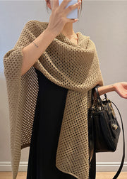 Simple Beige Hollow Out Sold Knit Cape Winter