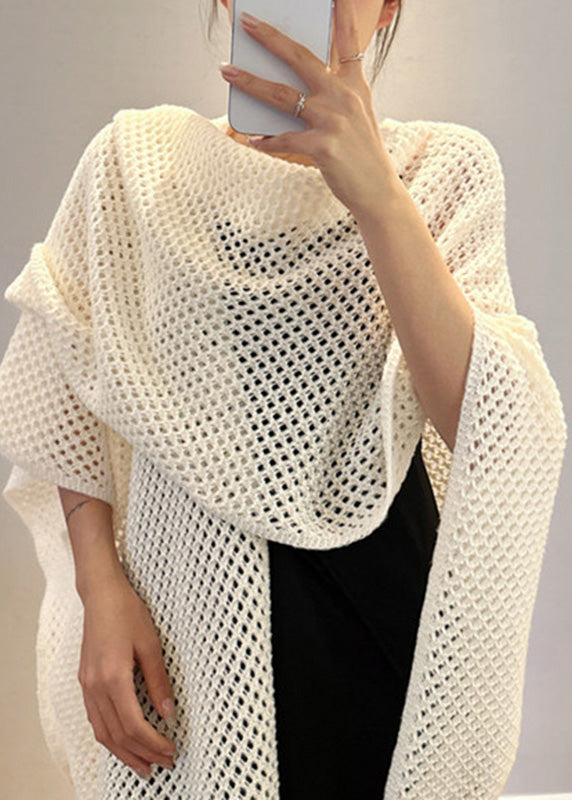 Simple Beige Hollow Out Sold Knit Cape Winter