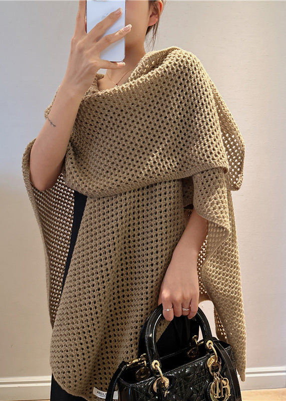 Simple Beige Hollow Out Sold Knit Cape Winter