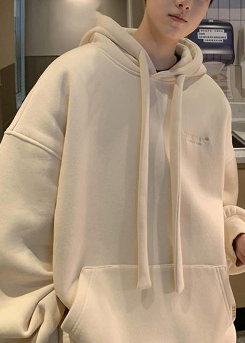 Simple Beige Hooded Pockets Warm Fleece Mens Sweatshirt Winter