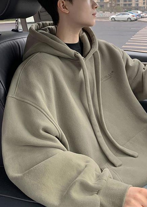 Simple Beige Hooded Pockets Warm Fleece Mens Sweatshirt Winter