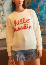 Simple Beige Letter Hollow Out Cozy Knit Sweaters Fall