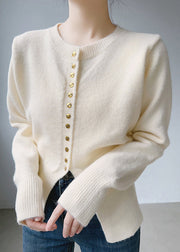 Simple Beige O Neck Button Patchwork Cotton Knit Tops Fall