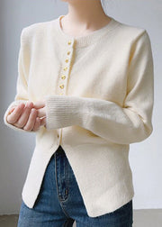 Simple Beige O Neck Button Patchwork Cotton Knit Tops Fall