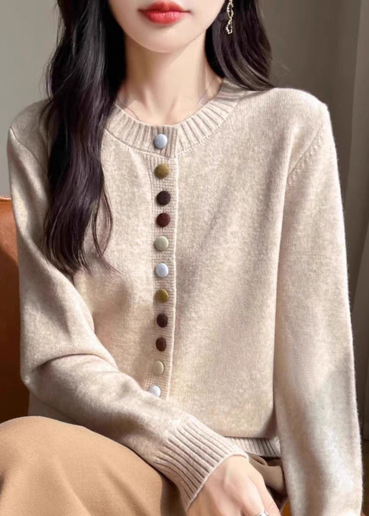 Simple Beige O Neck Button Woolen Coats Spring