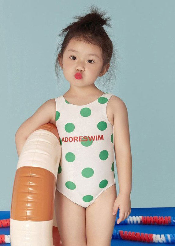 Simple Beige O-Neck Dot Print Kids One Piece Swimsuit Summer