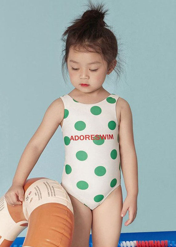 Simple Beige O-Neck Dot Print Kids One Piece Swimsuit Summer