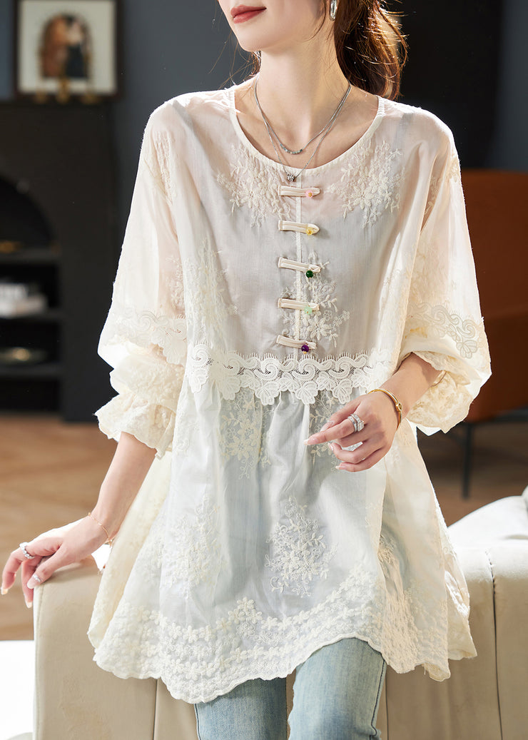 Simple Beige O-Neck Embroidered Button Shirts Fall