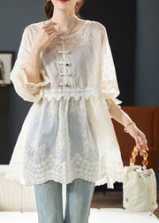 Simple Beige O-Neck Embroidered Button Shirts Fall