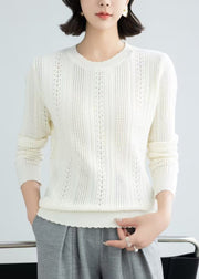 Simple Beige O Neck Hollow Out Knit Sweater Fall