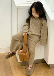 Simple Beige O-Neck Kids Knitted Cotton Sweaters And Pants Two Pieces Set Spring