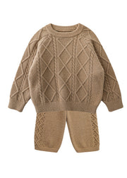 Simple Beige O-Neck Kids Knitted Cotton Sweaters And Pants Two Pieces Set Spring