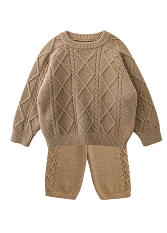 Simple Beige O-Neck Kids Knitted Cotton Sweaters And Pants Two Pieces Set Spring