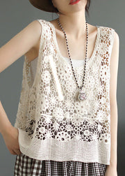 Simple Beige O-Neck Patchwork Cotton Vest Sleeveless