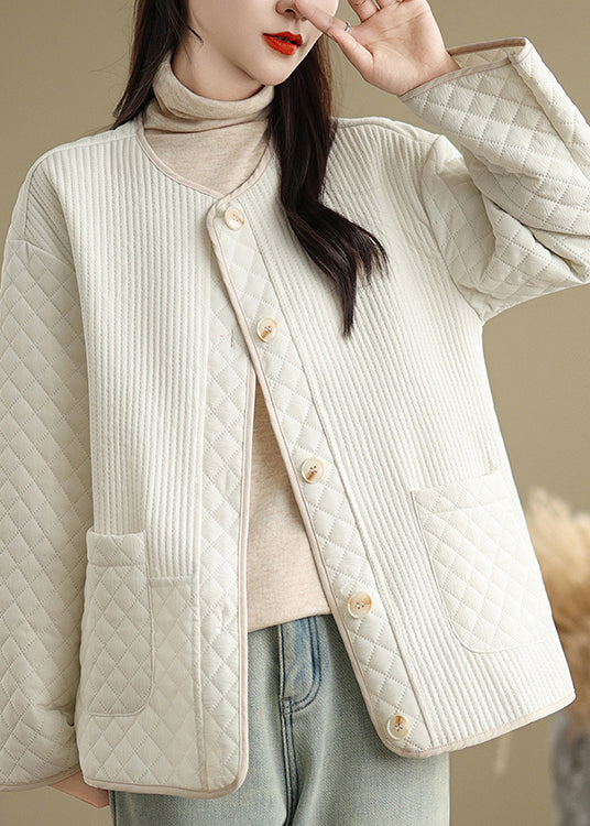 Simple Beige O Neck Pockets Fine Cotton Filled Short Coat Spring