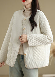 Simple Beige O Neck Pockets Fine Cotton Filled Short Coat Spring