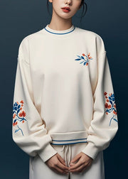 Simple Beige O Neck Print Cotton Sweatshirts Spring