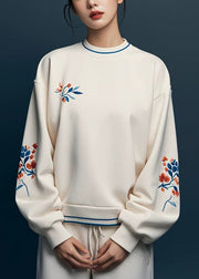 Simple Beige O Neck Print Cotton Sweatshirts Fall