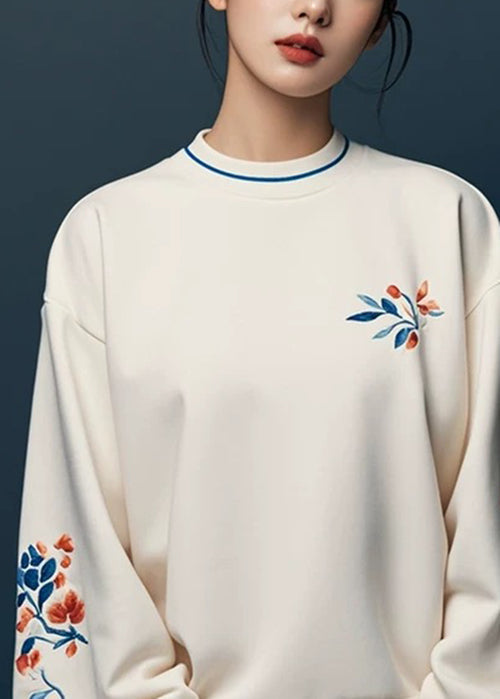 Simple Beige O Neck Print Cotton Sweatshirts Fall