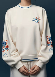 Simple Beige O Neck Print Cotton Sweatshirts Spring