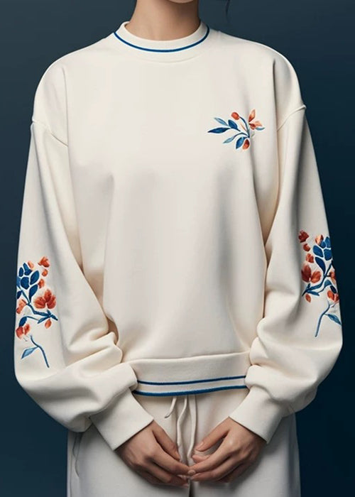 Simple Beige O Neck Print Cotton Sweatshirts Fall