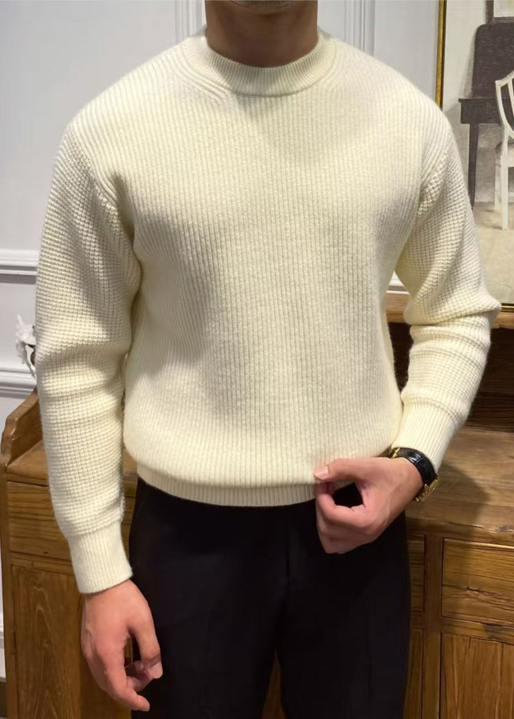 Simple Beige O Neck Solid Knit Men Sweater Spring