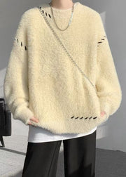 Simple Beige O Neck Solid Mink Hair Knitted Men Sweater Winter